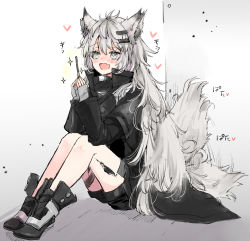 Rule 34 | + +, afterimage, animal ears, antenna hair, arknights, black footwear, black jacket, black shorts, blush, boots, fang, fingerless gloves, food, gloves, grey eyes, grey gloves, grey hair, hair between eyes, hair ornament, hairclip, heart, highres, holding, holding food, jacket, knees up, lappland (arknights), long hair, long sleeves, material growth, mito (go!go!king!), open mouth, oripathy lesion (arknights), pocky, scar, scar across eye, shorts, simple background, sitting, skin fang, tail, tail wagging, very long hair, white background, wolf ears, wolf girl, wolf tail