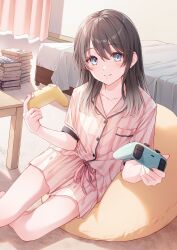 Rule 34 | 1girl, bean bag chair, bed, bed sheet, bedroom, blush, book, book stack, brown hair, closed mouth, collarbone, commentary request, controller, curtains, game controller, gradient hair, highres, holding, holding controller, holding game controller, indoors, long hair, looking at viewer, multicolored hair, official art, original, pajamas, pink pajamas, purple eyes, sitting, sleepwear, smile, solo, table, tadano yukiko, two-tone hair, white hair