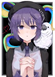 Rule 34 | 1girl, animal, animal on shoulder, beret, bird, bird on shoulder, black shirt, border, cockatoo, collared shirt, commentary, grey vest, hat, heart, heart in eye, highres, juliet sleeves, long sleeves, looking at viewer, necktie, outside border, own hands clasped, own hands together, parted lips, puffy sleeves, purple eyes, purple hair, purple necktie, shade, shirt, short hair, solo, straight-on, swept bangs, symbol in eye, uo yuo, upper body, utane uta, utau, vest, white border