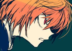 Rule 34 | 1boy, clenched teeth, commentary, from side, frown, green background, hair between eyes, hunter x hunter, kurapika, limited palette, male focus, orange hair, parted lips, profile, red eyes, simple background, solo, takashi (onikukku), teeth