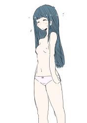 Rule 34 | 1girl, blue eyes, blue hair, blush, bow, censored, closed eyes, closed mouth, dark blue hair, embarrassed, hime cut, kuzutetsu no viper, long hair, looking at viewer, nipples, non-web source, original, panties, red bow, simple background, solo, sweatdrop, tearing up, tears, underwear, white background, white panties