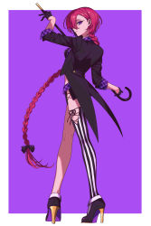 Rule 34 | 1girl, absurdres, black thighhighs, bow, braid, braided ponytail, crop top, formal, gloves, hair bow, high heels, highres, itou (very ito), long hair, midriff peek, original, purple background, red hair, single thighhigh, staff, striped clothes, striped thighhighs, suit, thighhighs, thighs