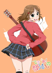 Rule 34 | 10s, 1girl, acoustic guitar, brown hair, firo, from behind, green eyes, guitar, hair ornament, hairclip, hand on own hip, highres, instrument, looking at viewer, looking back, open mouth, orange background, plaid, plaid skirt, school uniform, skirt, smile, solo, suzuki yua, tesagure! bukatsu-mono
