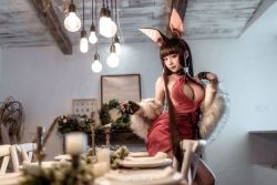 Rule 34 | animal ears, asian, breasts, brown hair, capelet, chunmomo0127, cleavage, cosplay, dress, fox ears, fur-trimmed capelet, fur trim, huge breasts, japanese (nationality), long hair, red dress