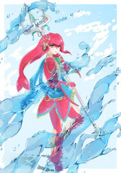 Rule 34 | 1girl, blue background, border, brown eyes, closed mouth, colored skin, commentary request, fins, fish girl, hair ornament, highres, holding, holding polearm, holding spear, holding weapon, jewelry, long hair, looking at viewer, mipha, monster girl, multicolored skin, nintendo, no eyebrows, outside border, pointy ears, polearm, red hair, red skin, seri (yuukasakura), smile, solo, spear, the legend of zelda, the legend of zelda: breath of the wild, water, weapon, white border, zora