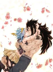 Rule 34 | 1boy, 1girl, arm tattoo, bad id, bad tumblr id, belt, black hair, blue hair, blush, closed eyes, commentary, cowboy shot, crop top, crying, english commentary, fairy tail, falling flower, flower, gajeel redfox, gloves, hairband, highres, hug, kiss, levy mcgarden, long hair, medium hair, pants, pantyhose, pink flower, profile, rusky, skirt, tattoo, torn clothes, torn pantyhose, torso