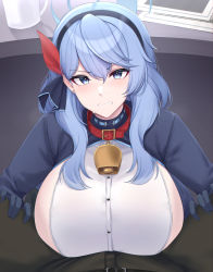 Rule 34 | 1boy, 1girl, absurdres, ako (blue archive), bell, between legs, black gloves, blue archive, blue coat, blue eyes, blue hair, blue hairband, breasts, clenched teeth, coat, cowbell, earrings, gloves, hair between eyes, hairband, half gloves, halo, highres, huge breasts, imminent paizuri, jewelry, kanta (kanta 077), long hair, looking at viewer, neck bell, pov, red ribbon, ribbon, sensei (blue archive), sideboob, sidelocks, teeth, under table, upper body