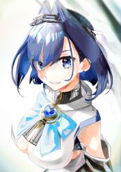 Rule 34 | 1girl, absurdres, blue eyes, blue hair, bow, bow earrings, breasts, clothing cutout, earrings, highres, holocouncil, hololive, hololive english, iris (tb33064667), jewelry, large breasts, ouro kronii, ouro kronii (1st costume), ribbon earrings, solo, underboob cutout, virtual youtuber