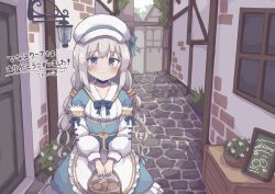Rule 34 | 1girl, alley, apron, basket, blue dress, blue eyes, blush, box, building, center frills, closed mouth, collarbone, colon br, cowboy shot, dress, frilled apron, frilled shirt, frills, grey hair, hat, highres, holding, holding basket, house, long bangs, long hair, long sleeves, looking at viewer, low twintails, medieval, original, outdoors, own hands together, plant, potato, potted plant, shirt, sidelocks, sign, smile, solo, stone floor, twintails, waist apron, wall lamp, white apron, white hat, wicker basket