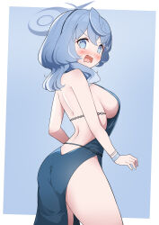 Rule 34 | 1girl, absurdres, ako (blue archive), ako (dress) (blue archive), ass, blue archive, blue dress, blue eyes, blue hair, blue halo, blush, breasts, commentary, dress, from behind, hair between eyes, halo, highres, kittenlochen, large breasts, official alternate costume, open mouth, sideboob, sleeveless, sleeveless dress, solo, standing