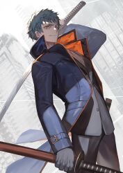 Rule 34 | 1boy, brown eyes, city, fate/grand order, fate (series), formal, gloves, grey gloves, grey hair, highres, holding, holding sword, holding weapon, katana, lack, long coat, male focus, over shoulder, saitou hajime (fate), sheath, sheathed, solo, suit, sword, weapon, weapon over shoulder