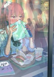 Rule 34 | 1boy, 2girls, absurdres, blue nails, blush, book, bow, bowtie, brown hair, burger, cellphone, covering face, cup, disposable cup, dress shirt, drinking straw, fast food, food, french fries, gyaru, hair over breasts, hair over shoulder, half updo, highres, holding, holding book, holding phone, leaning on person, long hair, looking at another, looking at phone, loose bowtie, macaronk, mole, mole under eye, multicolored nails, multiple girls, nail polish, necktie, notebook, on shoulder, original, pants, peeking, phone, pink eyes, pink nails, plaid, plaid bow, plaid bowtie, ponytail, reflection, school uniform, scrunchie, shirt, sleeves rolled up, smartphone, tray, vest, window