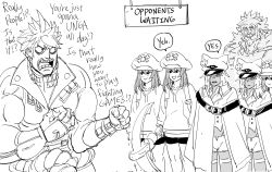 Rule 34 | 2boys, 4girls, :d, anchor, arc system works, bb (baalbuddy), cape, character request, chipp zanuff, clone, closed mouth, commentary, dark-skinned female, dark skin, dual persona, english commentary, english text, greyscale, grin, guilty gear, guilty gear strive, hat, highres, holding, holding pickaxe, jitome, leo whitefang, may (guilty gear), monochrome, multiple boys, multiple girls, open mouth, pickaxe, ramlethal valentine, shirt, simple background, smile, standing, white background, wide-eyed