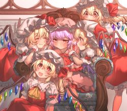 Rule 34 | &gt;:(, 5girls, :3, :d, ^ ^, ascot, bent over, blonde hair, blush, bow, brooch, closed eyes, commentary request, couch, crystal, facing another, fang, fang out, feet out of frame, flandre scarlet, floral print, four of a kind (touhou), frilled shirt collar, frills, from side, hair between eyes, hands up, hat, hat bow, highres, index finger raised, indoors, jewelry, light purple hair, long hair, masanaga (tsukasa), mob cap, multiple girls, multiple persona, one side up, open mouth, petticoat, pink hat, pointy ears, profile, puffy short sleeves, puffy sleeves, red ascot, red bow, red eyes, red skirt, red vest, remilia scarlet, shadow, shirt, short hair, short sleeves, siblings, sisters, sitting, skirt, skirt set, smile, socks, touhou, v-shaped eyebrows, vest, white hat, white legwear, white shirt, wings, wrist cuffs, yellow ascot