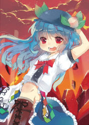 Rule 34 | 1girl, :d, arm up, bad id, bad pixiv id, blue hair, blush, bow, female focus, food, fruit, hat, highres, hinanawi tenshi, long hair, miebao, open mouth, peach, red eyes, red sky, skirt, sky, smile, solo, touhou