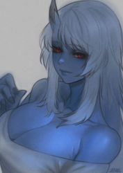Rule 34 | 1girl, blue hair, blue oni, blue skin, breasts, cleavage, closed mouth, colored skin, fingernails, grey background, horns, kimiko (zakusi), large breasts, long hair, looking at viewer, off-shoulder sweater, off shoulder, oni, oni horns, original, red eyes, signature, simple background, single horn, smile, solo, sweater, upper body, white sweater, zakusi