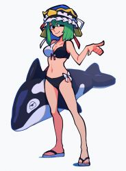 Rule 34 | 1girl, alternate costume, asymmetrical hair, balloon animal, bikini, black bikini, black eyes, black hat, blue hat, breasts, frilled hat, frills, front-tie bikini top, front-tie top, full body, green hair, hair between eyes, hat, highres, iganashi1, looking to the side, medium breasts, midriff, multicolored bikini, multicolored clothes, navel, orca, pointing, sandals, shiki eiki, short hair, simple background, smile, solo, standing, swimsuit, touhou, white background, white bikini