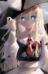 Rule 34 | 1girl, absurdres, alternate eye color, apron, ascot, bad id, bad twitter id, black hat, black vest, blonde hair, blouse, blue eyes, bow, braid, closed mouth, commentary, crying, crying with eyes open, frilled shirt collar, frills, glowing, glowing eyes, hair between eyes, hair bow, hair ribbon, hand on headwear, hand up, hat, hat bow, highres, kirisame marisa, light particles, long hair, long sleeves, looking at viewer, necktie, puffy long sleeves, puffy sleeves, red bow, red neckwear, red ribbon, ribbon, shirt, side braid, single braid, sleeve cuffs, solo, tears, touhou, two-sided fabric, two-sided headwear, vest, white bow, white hat, white shirt, witch hat, yukia (yukia 777)