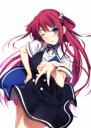 Rule 34 | 10s, 1girl, blue eyes, bow, grisaia (series), grisaia no kajitsu, hair bow, hand on own hip, long hair, looking at viewer, one eye closed, red hair, simple background, solo, suou amane, tsugaru (co-walker), white background, white bow