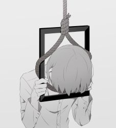 Rule 34 | 1boy, avogado6, colored skin, commentary request, covered face, grey hair, greyscale, hanged, iei, long sleeves, male focus, monochrome, noose, original, picture frame, portrait (object), shirt, short hair, simple background, solo, suicide, upper body, white background, white shirt, white skin