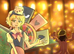 Rule 34 | 2others, arms up, arrow print, black hair, black vest, blonde hair, bow, bowtie, brilliant pagoda or haze castle, casino, coin, commentary, dice hair ornament, english commentary, frilled hat, frills, from behind, hair ornament, hat, heart, holding, holding plate, jacket, len&#039;en, m40u, mob cap, multiple others, necktie, open mouth, outstretched arm, parted bangs, plate, pool table, puffy short sleeves, puffy sleeves, purple jacket, red bow, red bowtie, shitodo kuroji, short hair, short sleeves, smile, table, teeth, triangular headpiece, upper teeth only, vest, white sleeves, xeno a, yellow eyes