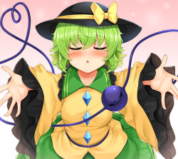 Rule 34 | 1girl, :o, ^ ^, black hat, blouse, blush, bow, breasts, buttons, closed eyes, commentary request, daichi (tokoya), diamond button, eyeball, eyelashes, floral print, frilled shirt collar, frilled sleeves, frills, gradient background, green hair, green skirt, hat, hat bow, hat ribbon, heart, heart of string, highres, incoming kiss, komeiji koishi, long sleeves, looking at viewer, medium breasts, open mouth, outstretched arms, palms, petals, pink background, pouty lips, reaching, reaching towards viewer, ribbon, rose petals, shirt, short hair, sidelocks, simple background, skirt, smile, solo, standing, string, third eye, touhou, wide sleeves, yellow bow, yellow ribbon, yellow shirt, ||/