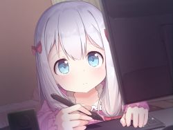 Rule 34 | 10s, 1girl, blouse, blue eyes, blurry, blush, bow, computer, darnell, depth of field, drawing tablet, eromanga sensei, frilled sleeves, frills, hair between eyes, hair bow, highres, indoors, izumi sagiri, lace, lace-trimmed shirt, lace trim, long hair, monitor, pajamas, pink shirt, red bow, shirt, silver hair, solo, speaker, stylus, tareme