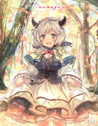 Rule 34 | 10s, 1girl, artist name, autumn, autumn leaves, bad id, bad twitter id, blush, breasts, capelet, character name, cleavage, clothes lift, cow horns, draph, dress, dress lift, female focus, forest, granblue fantasy, green eyes, hair tubes, highres, hood, hood down, horns, hunakaka (you2662eternity), kumuyu, large breasts, leaf, leaf on head, long hair, long sleeves, looking at viewer, low twintails, maple leaf, nature, nose blush, open mouth, outdoors, partially submerged, petticoat, signature, silver hair, skirt hold, solo, tree, twintails, wading, water