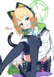 Rule 34 | 1girl, :d, absurdres, animal ear headphones, animal ears, black shorts, black thighhighs, blonde hair, blue archive, blue bow, bow, collared shirt, commentary request, fake animal ears, foot out of frame, green eyes, hair bow, halo, handheld game console, head tilt, headphones, heart, highres, hood, hood down, hooded jacket, hugging own legs, jacket, knees together feet apart, knees up, legs, long sleeves, looking at viewer, midori (blue archive), no shoes, open mouth, shirt, short shorts, shorts, sidelocks, simple background, sitting, smile, solo, suta0822, tail, thighhighs, toes, white background, white jacket, white shirt, wide sleeves