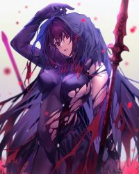 Rule 34 | 1girl, contrapposto, fate/grand order, fate (series), flower, head tilt, hiro (hirohiro gorira), long hair, parted lips, petals, polearm, purple hair, red eyes, scathach (fate), simple background, skin tight, skindentation, solo, spear, torn clothes, veil, weapon, white background