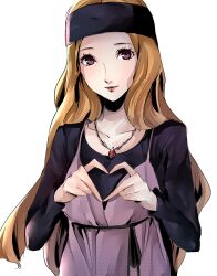 Rule 34 | 1girl, blonde hair, brown hair, headband, heart, heart hands, highres, jewelry, long hair, looking at viewer, mifune chihaya, necklace, persona, persona 5, pertex 777, purple eyes, simple background, solo, upper body, white background