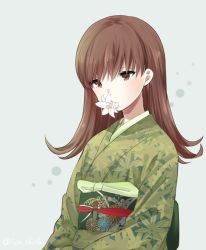 Rule 34 | 10s, 1girl, brown eyes, brown hair, flower, flower in mouth, ica, japanese clothes, kantai collection, kimono, lily (flower), long hair, ooi (kancolle), solo