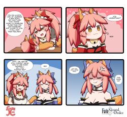 Rule 34 | 3girls, 4koma, alternate costume, anger vein, angry, animal ear fluff, animal ears, animal hands, apron, bare shoulders, bell, blue bow, blue kimono, blue ribbon, blush, bow, breasts, cat paws, cleavage, closed eyes, closed mouth, collar, collarbone, comic, detached sleeves, english text, enmaided, fang, fate/grand order, fate (series), fox ears, fox girl, fox tail, gloves, hair ribbon, highres, japanese clothes, jingle bell, keita naruzawa, kimono, large breasts, long hair, maid, maid apron, maid headdress, mini person, minigirl, multiple girls, neck bell, paw gloves, pink hair, ponytail, red kimono, red ribbon, ribbon, shaded face, speech bubble, split ponytail, square 4koma, tail, tamamo (fate), tamamo cat (fate), tamamo cat (second ascension) (fate), tamamo no mae (fate/extra), yellow eyes