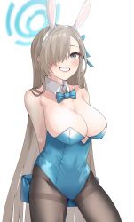 Rule 34 | 1girl, absurdres, animal ears, asuna (blue archive), asuna (bunny) (blue archive), black pantyhose, blue archive, blue bow, blue bowtie, blue eyes, blue halo, blue leotard, bow, bowtie, breasts, cleavage, cowboy shot, detached collar, fake animal ears, grin, hair over one eye, halo, highres, large breasts, leotard, light brown hair, long hair, mole, mole on breast, oddman1234, official alternate costume, pantyhose, playboy bunny, rabbit ears, smile, solo, strapless, strapless leotard