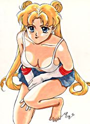 Rule 34 | 1990s (style), 1girl, barefoot, bishoujo senshi sailor moon, blonde hair, blue eyes, breasts, cleavage, feet, kneeling, retro artstyle, simple background, solo, tsukino usagi, twintails, white background