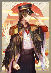 Rule 34 | 10s, 1boy, absurdres, akechi goro, alternate costume, black hat, cowboy shot, floral background, flower, from side, hakama, hakama skirt, hat, highres, japanese clothes, male focus, mozer (zerlinda), persona, persona 5, short hair, skirt, solo, standing, traditional clothes