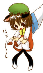 Rule 34 | 1girl, animal ears, bad id, bad pixiv id, bloomers, brown eyes, brown hair, cat ears, cat girl, cat tail, chen, female focus, hat, long sleeves, multiple tails, nyan, open mouth, out of frame, saitou takana, shoes, short hair, socks, solo focus, tail, touhou, underwear, white background, wide sleeves, yakumo ran