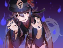 Rule 34 | 1girl, bead bracelet, beads, black hat, black jacket, black nails, black shorts, blouse, botantouki, bracelet, brown hair, chinese clothes, claw pose, commentary, cowboy shot, fire, flower, flower-shaped pupils, genshin impact, ghost, gradient background, hair between eyes, hair flaps, hat, highres, hu tao (genshin impact), jacket, jewelry, long hair, looking at viewer, nail polish, open mouth, plum blossoms, porkpie hat, purple background, purple fire, red eyes, red shirt, shirt, short shorts, shorts, signature, simple background, smile, solo, symbol-shaped pupils, tangzhuang, tassel, twintails