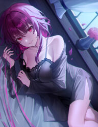 Rule 34 | 1girl, alternate costume, bare shoulders, black nightgown, breasts, commentary, grin, highres, honkai: star rail, honkai (series), indoors, kafka (honkai: star rail), large breasts, long hair, looking at viewer, lying, nail polish, nightgown, on bed, on side, purple eyes, purple hair, purple nails, sicle, smile, solo, thread