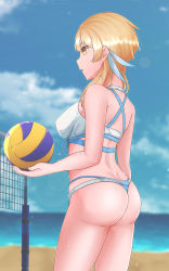 Rule 34 | 1girl, ass, ball, bare shoulders, beach volleyball, bikini, blonde hair, blush, breasts, butt crack, cowboy shot, feather hair ornament, feathers, from below, from side, genshin impact, hair ornament, highres, holding, holding ball, long hair, lumine (genshin impact), orange eyes, parted lips, playing sports, shiny skin, shirasame, sideboob, smile, solo, swimsuit, thong, volleyball, volleyball (object), white bikini