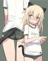 Rule 34 | 1girl, animal ears, ass, blonde hair, blue eyes, blush, buruma, cat ears, cat tail, gym uniform, helma lennartz, long hair, name tag, open mouth, shimada fumikane, simple background, solo, strike witches, strike witches: suomus misfits squadron, tail, world witches series