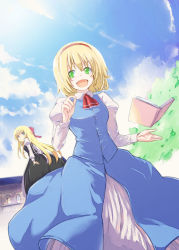 Rule 34 | 1girl, alice margatroid, apron, arm up, ascot, black dress, blonde hair, blue dress, blue sky, book, bow, cloud, day, doll, dress, female focus, floating, floating object, green hair, hair bow, hair ribbon, lefthand, long hair, open mouth, ribbon, shanghai doll, shirt, short hair, sky, smile, solo, touhou, vest