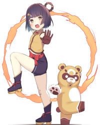 Rule 34 | 1girl, :d, absurdres, adapted costume, aged down, black footwear, black hair, black shorts, blush, boots, braid, braided hair rings, brown eyes, brown gloves, brown shirt, child, commentary request, fire, foreshortening, genshin impact, gloves, guoba (genshin impact), hair ornament, hair rings, hairclip, highres, olive (laai), open mouth, outstretched arm, shirt, short eyebrows, short shorts, shorts, sleeveless, sleeveless shirt, smile, standing, standing on one leg, thick eyebrows, twin braids, white background, xiangling (genshin impact)