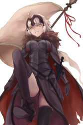 Rule 34 | 1girl, ahoge, armor, armored dress, banner, bkko, black dress, black gloves, black thighhighs, breasts, cape, dress, fate/grand order, fate (series), from below, gloves, grin, high heels, highres, holding, holding weapon, jeanne d&#039;arc (fate), jeanne d&#039;arc alter (avenger) (fate), jeanne d&#039;arc alter (avenger) (first ascension) (fate), jeanne d&#039;arc alter (fate), looking at viewer, medium breasts, sheath, sheathed, short hair, silver hair, simple background, smile, solo, sword, thighhighs, weapon, white background, yellow eyes