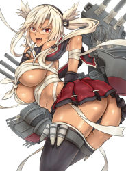 Rule 34 | 10s, 1girl, arino towatari, ass, bad id, bad pixiv id, blonde hair, breasts, budget sarashi, dark skin, dark-skinned female, fang, female focus, fingerless gloves, glasses, gloves, hand on own hip, kantai collection, large breasts, machinery, miniskirt, musashi (kancolle), panties, pleated skirt, pointy hair, red eyes, sarashi, short hair, skirt, smile, solo, thighhighs, turret, twintails, two side up, underboob, underwear, white hair