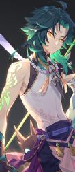 Rule 34 | 1boy, ahoge, arm tattoo, bead necklace, beads, black hair, facial mark, forehead mark, genshin impact, gloves, green hair, highres, hisehisekin, jewelry, looking at viewer, makeup, male focus, mask, multicolored hair, necklace, parted lips, polearm, solo, tassel, tattoo, weapon, xiao (genshin impact), yellow eyes
