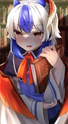 Rule 34 | 1girl, blue hair, blurry, blush, book, bookshelf, depth of field, gunsou1350, head wings, highres, holding, holding book, horns, indoors, library, long sleeves, multicolored hair, open book, open mouth, short hair, single head wing, solo, tokiko (touhou), touhou, wavy mouth, wide sleeves, wings
