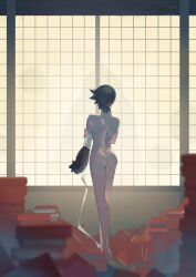 Rule 34 | 1girl, absurdres, ao tsukushi, architecture, arm at side, ass, bandaged arm, bandages, bare back, barefoot, black hair, blurry, blurry foreground, book, commentary, completely nude, depth of field, east asian architecture, full body, hand on own arm, highres, indoors, kanbaru suruga, loose bandages, monkey arm, monogatari (series), nude, pile of books, short hair, shouji, skinny, sliding doors, solo, standing, tomboy, very short hair, walking