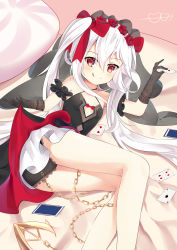 Rule 34 | 1girl, :q, absurdres, ace (playing card), ace of diamonds, arrow through heart, ass, azur lane, bad id, bad pixiv id, bare shoulders, black dress, black gloves, black panties, blush, bow, breasts, card, chain, closed mouth, clothes lift, commentary request, criss-cross halter, diamond (shape), dress, dress lift, elbow gloves, flower, gloves, hair between eyes, hair bow, hair flower, hair ornament, halterneck, heart, highres, holding, holding card, lace, lace gloves, lifting own clothes, long hair, looking at viewer, lying, on side, panties, playing card, red bow, red flower, red rose, rose, sakutaishi, sidelocks, silver hair, small breasts, solo, spade (shape), thighs, tongue, tongue out, twintails, underwear, vampire (azur lane), vampire (eloi&#039;s blessing) (azur lane), very long hair
