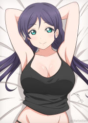Rule 34 | 1girl, absurdres, alter real zero, aqua eyes, armpits, arms behind head, arms up, artist name, black camisole, breasts, camisole, cleavage, closed mouth, collarbone, commentary, dot nose, english commentary, groin, highres, large breasts, light smile, long hair, looking at viewer, love live!, love live! school idol project, low twintails, lying, navel, on back, purple hair, signature, solo, tojo nozomi, twintails, twitter username, upper body